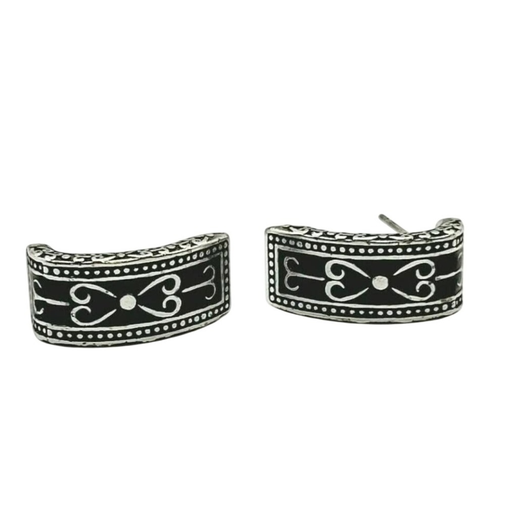 Brighton Silver Black Enamel Heart Scroll J-Hoop Earrings Vintage Style Boho